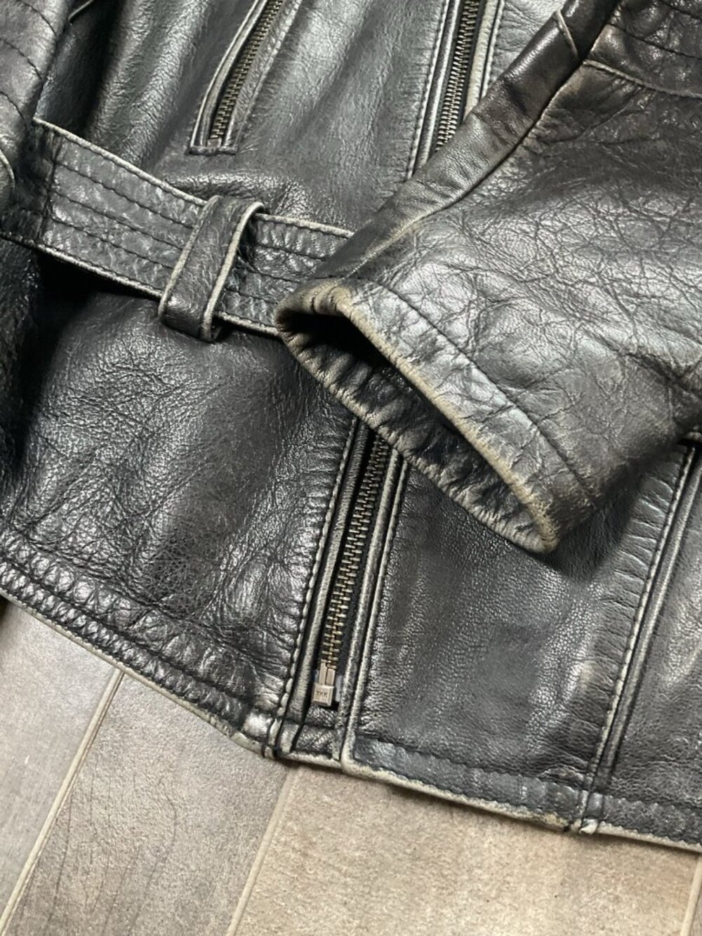 Diesel Goat Leather Moto Biker Jacket Studded Belted Black Gray Womens MED Y2K - Picture 13 of 15